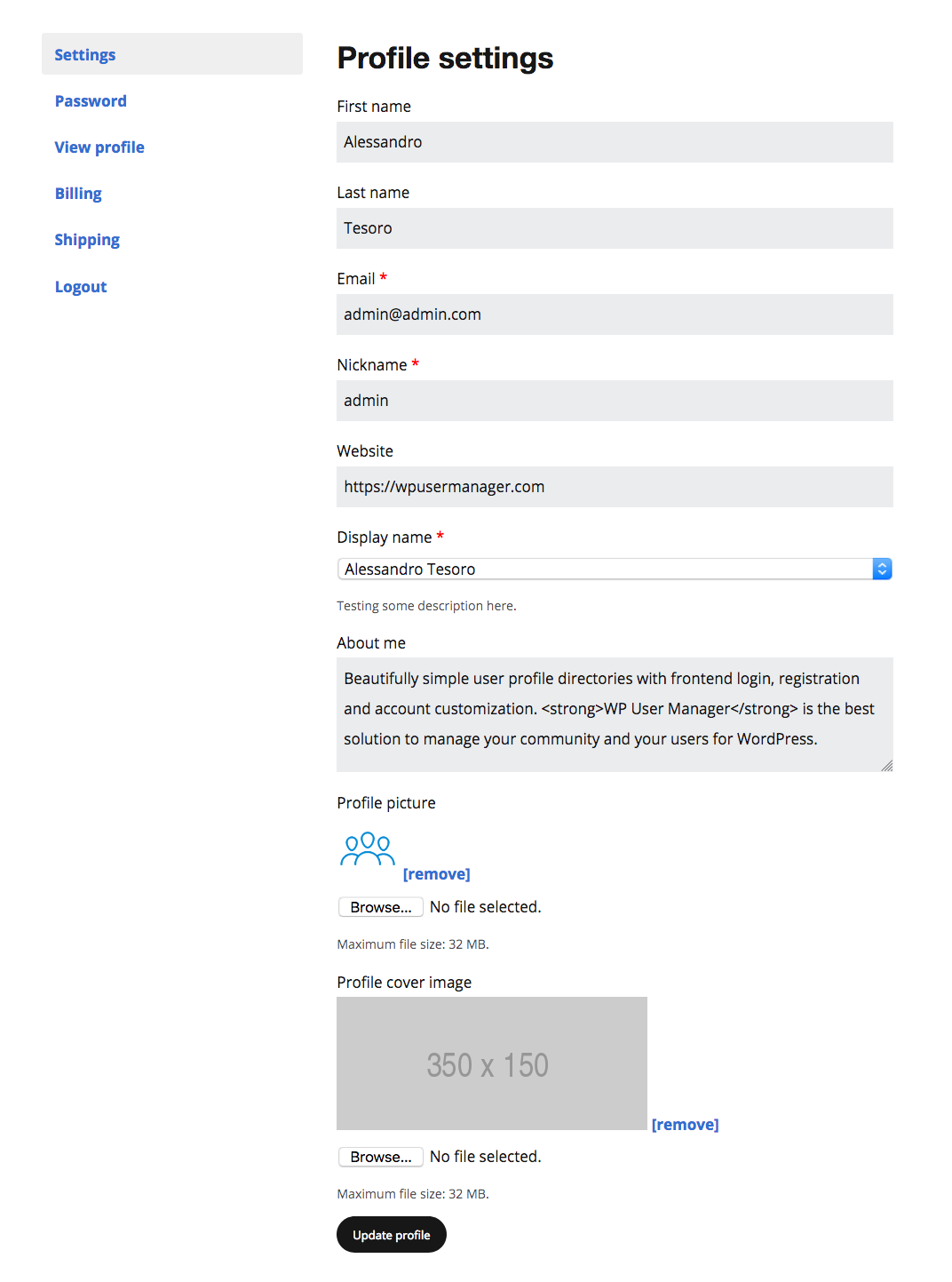 Account customization page.