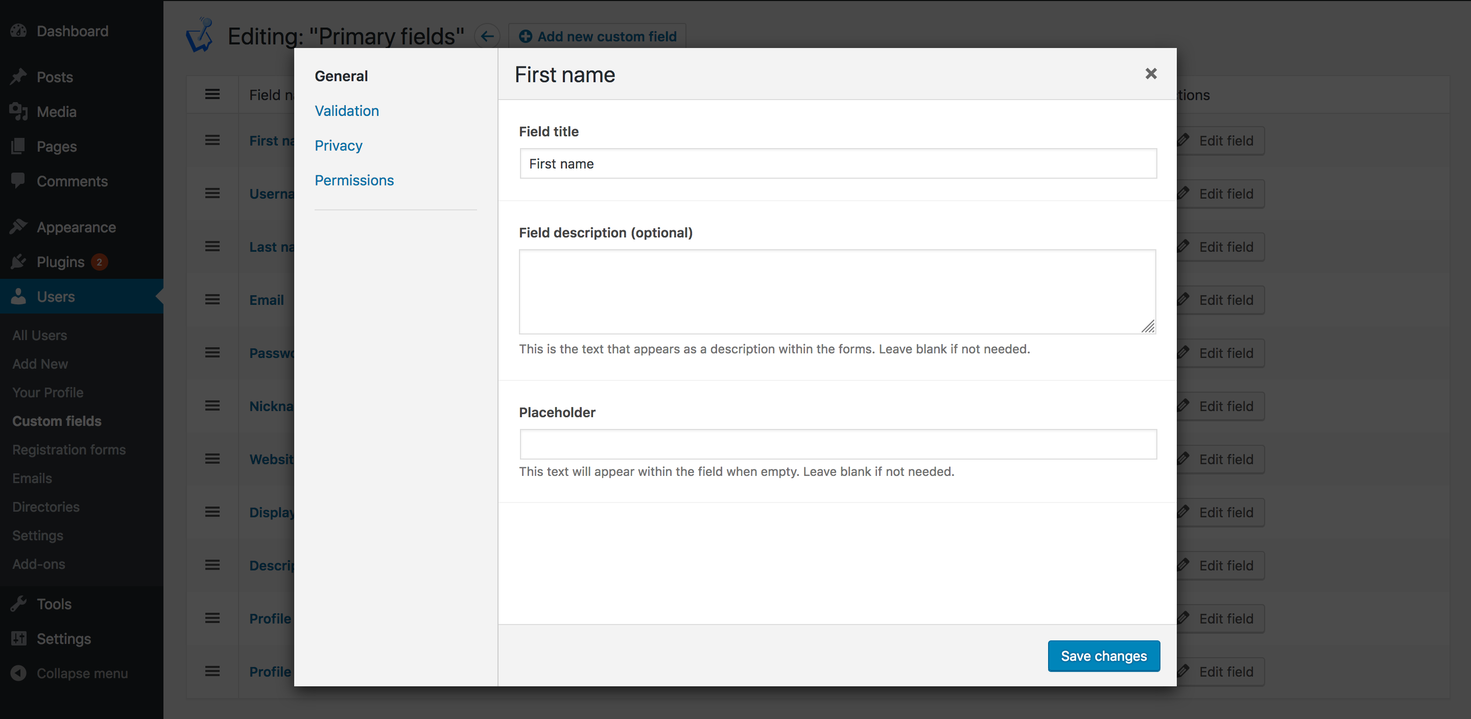 Individual fields settings editor.