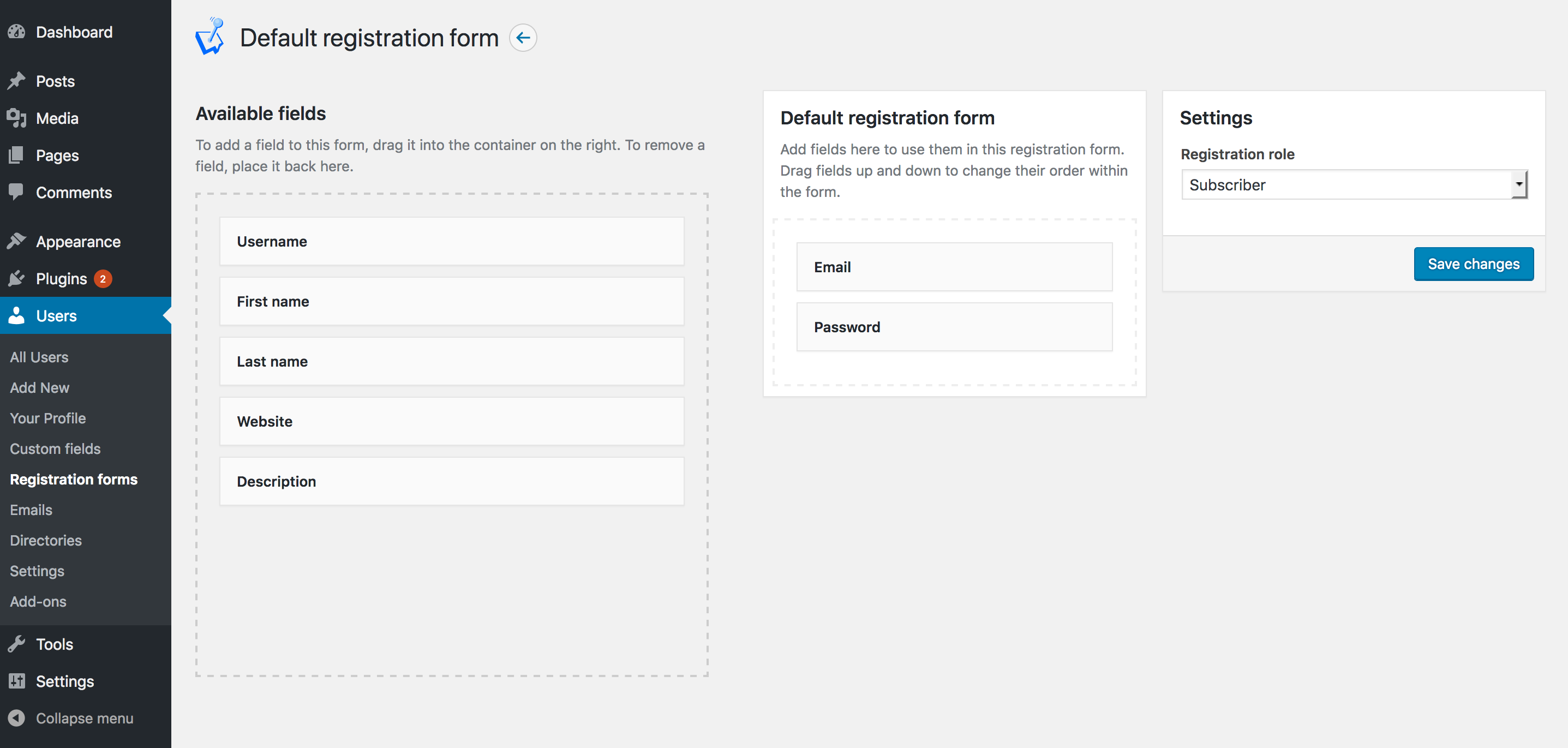 Registration forms fields editor: add, remove, edit fields and setup custom user role for the form.