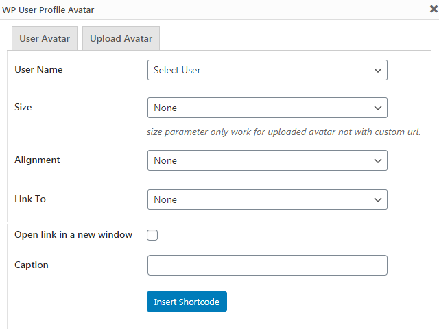 <p>Generate display user profile avatar shortcode.</p>