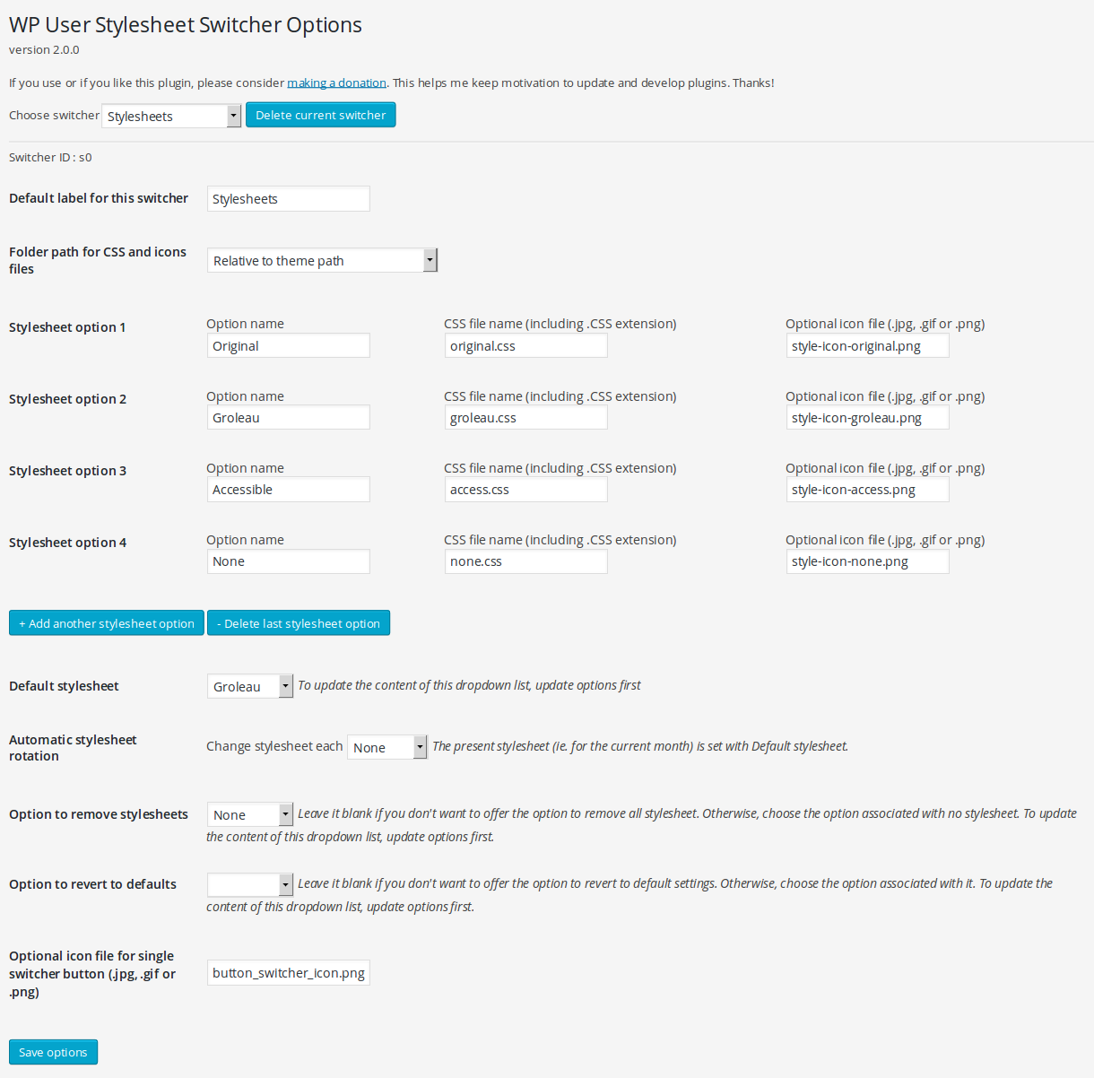 Setup page in admin->settings