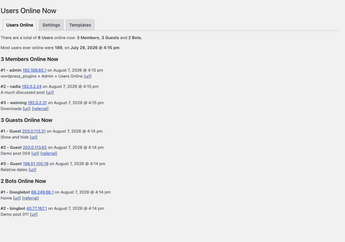 WP-UserOnline's Screenshot: WP-UserOnline, who is on the site now, split into members, guests and bots