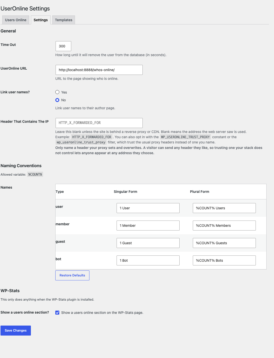 WP-UserOnline's Screenshot: The Settings tab: the timeout, what is counted, and how a visitor is named