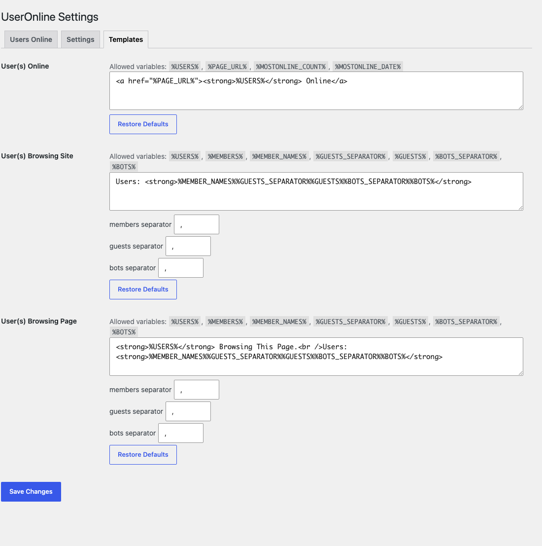 WP-UserOnline's Screenshot: The Templates tab, holding the wording of every line the plugin prints