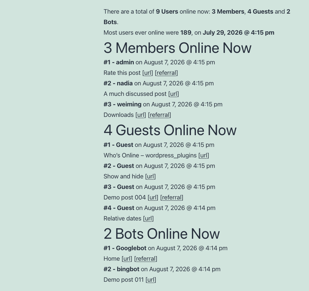 WP-UserOnline's Screenshot: The users-online page a visitor sees, from the shortcode