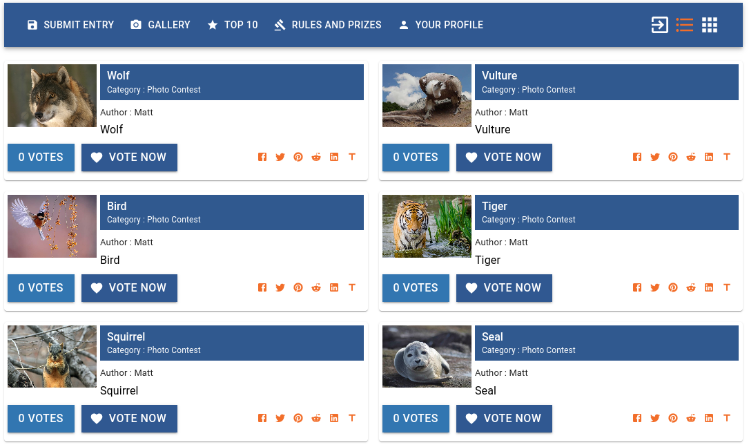 List View of the Image Contest with vote button, vote count and Social media links.