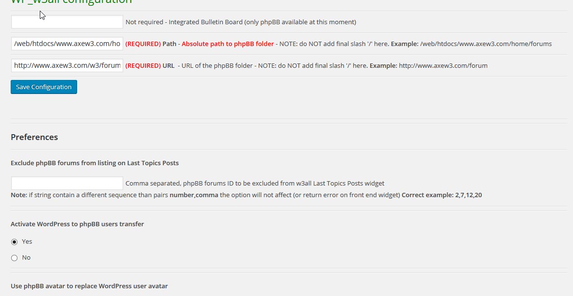 Wp w3all phpBB integration main config