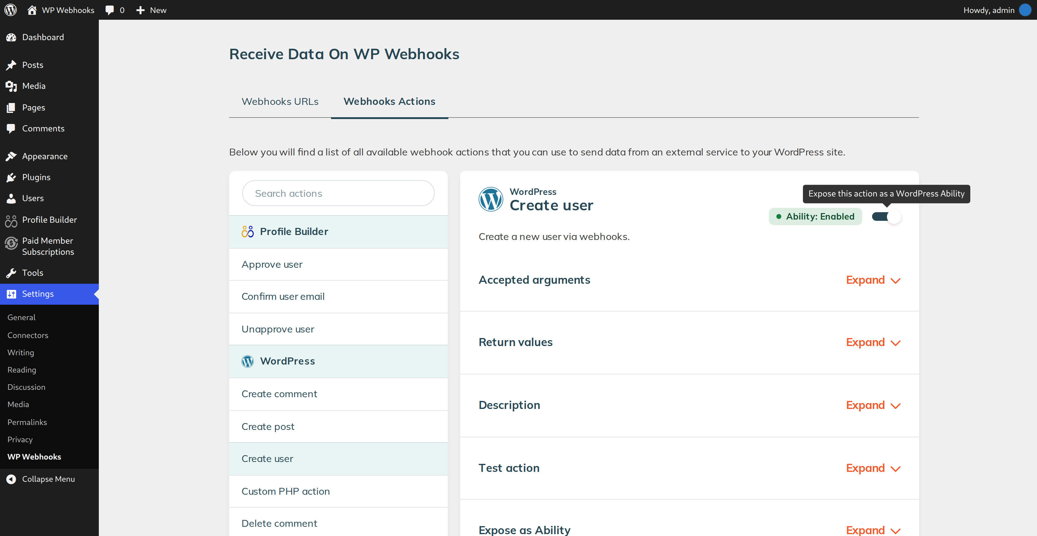 Turn any webhook action into a WordPress Ability with one switch.