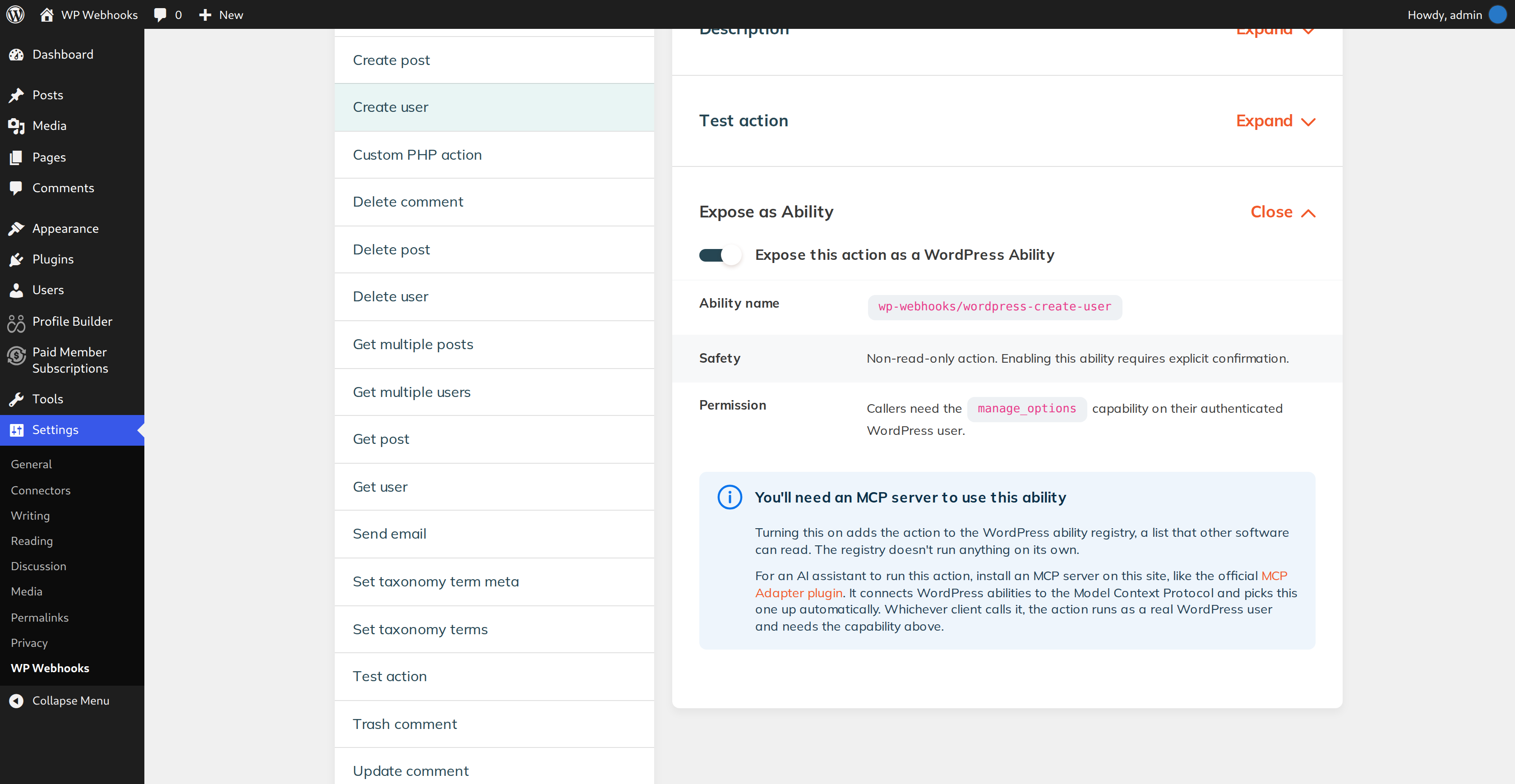 See the ability name, safety level and required capability before you expose an action to AI assistants through MCP.