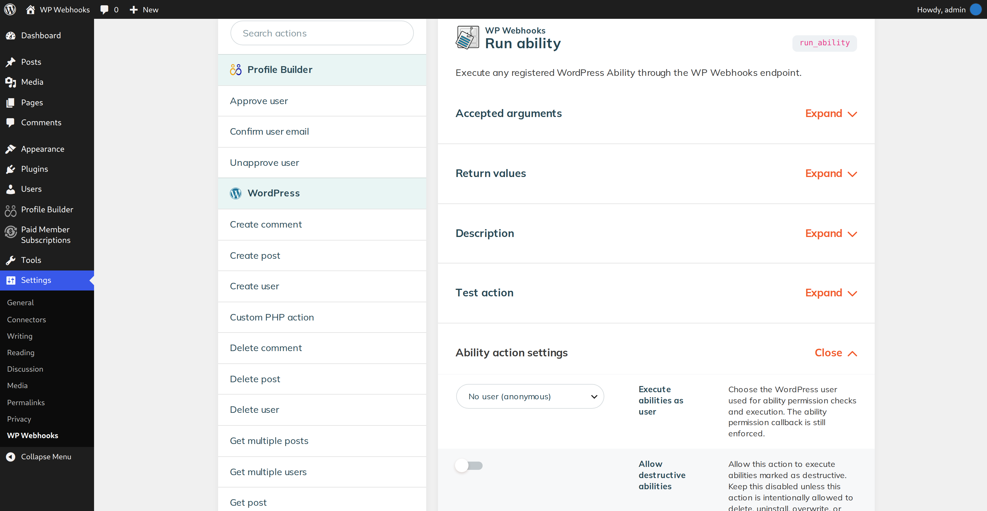 Run any registered WordPress Ability from an incoming webhook, with control over the user and destructive abilities.