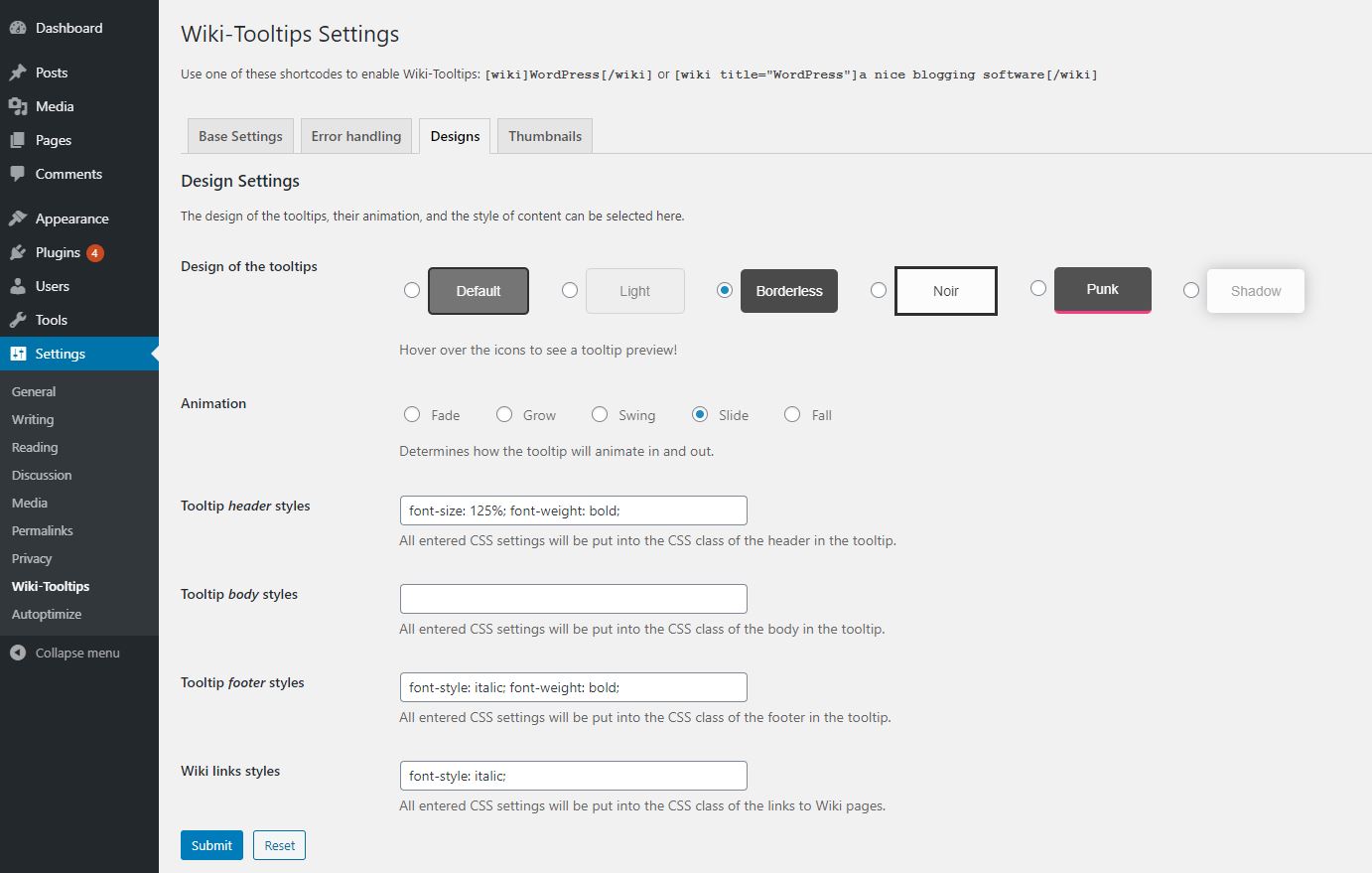 Wiki Tooltips Settings - Designs: set designs, stylings, and animations of tooltips