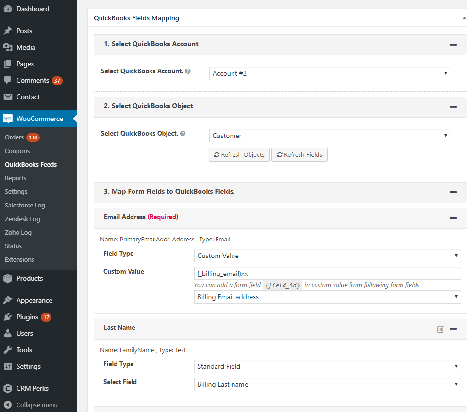 Map QuickBooks Fields to WooCommerce fields.