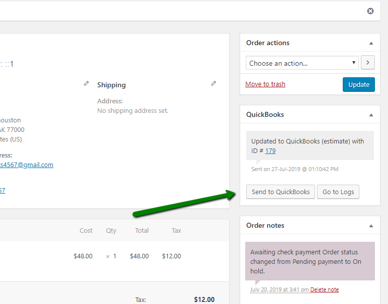 Manually Send WooCommerce Order data to QuickBooks.