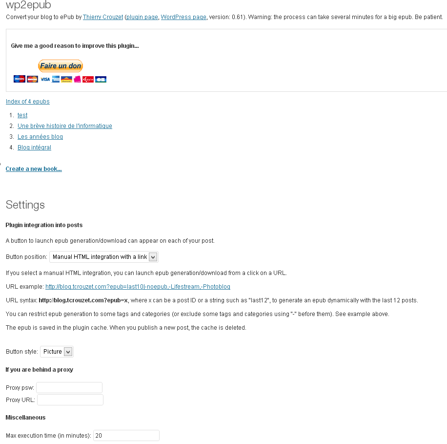 The wp2epub backend, one epub declared.
