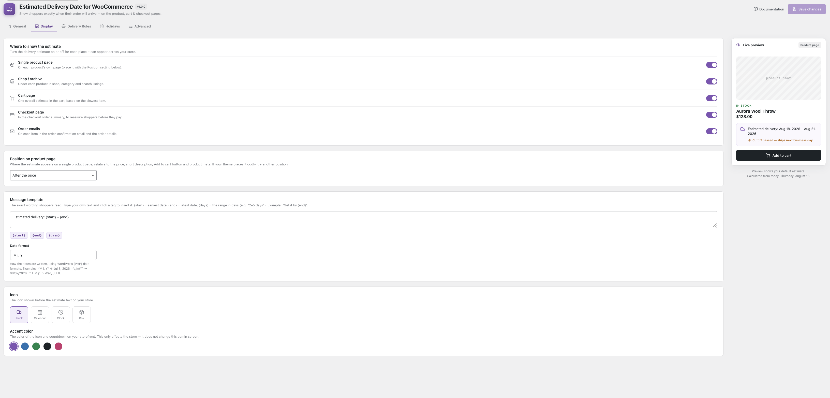 Display settings — locations, message template, icon and accent color.