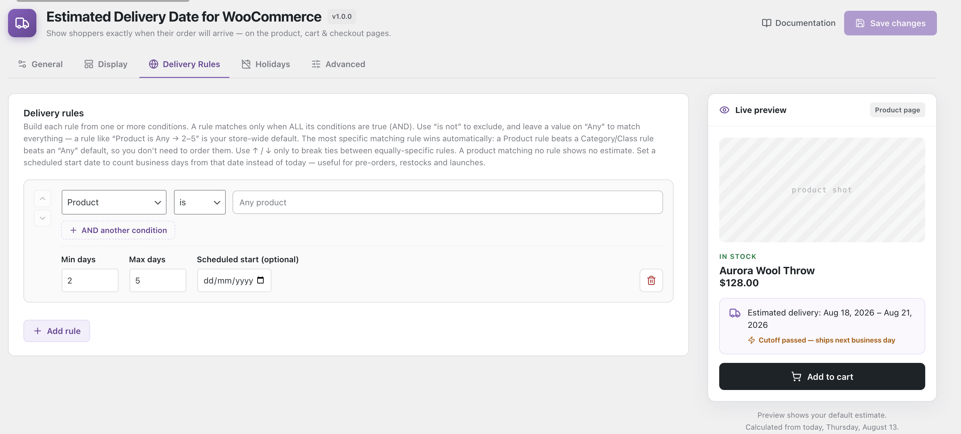 Delivery Rules — the condition builder, with the live product preview.