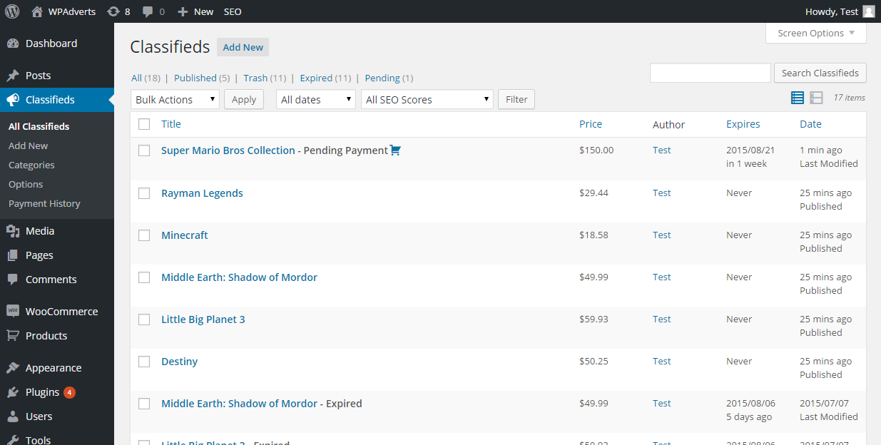 Ads list in wp-admin panel.