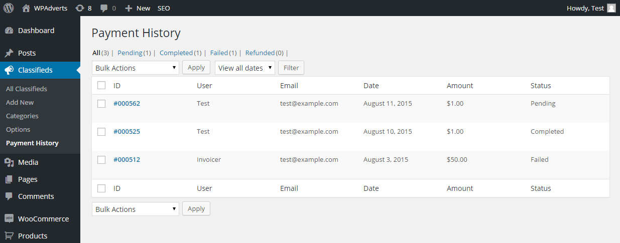 Payment history - if you are planning to charge users for posting Ads.