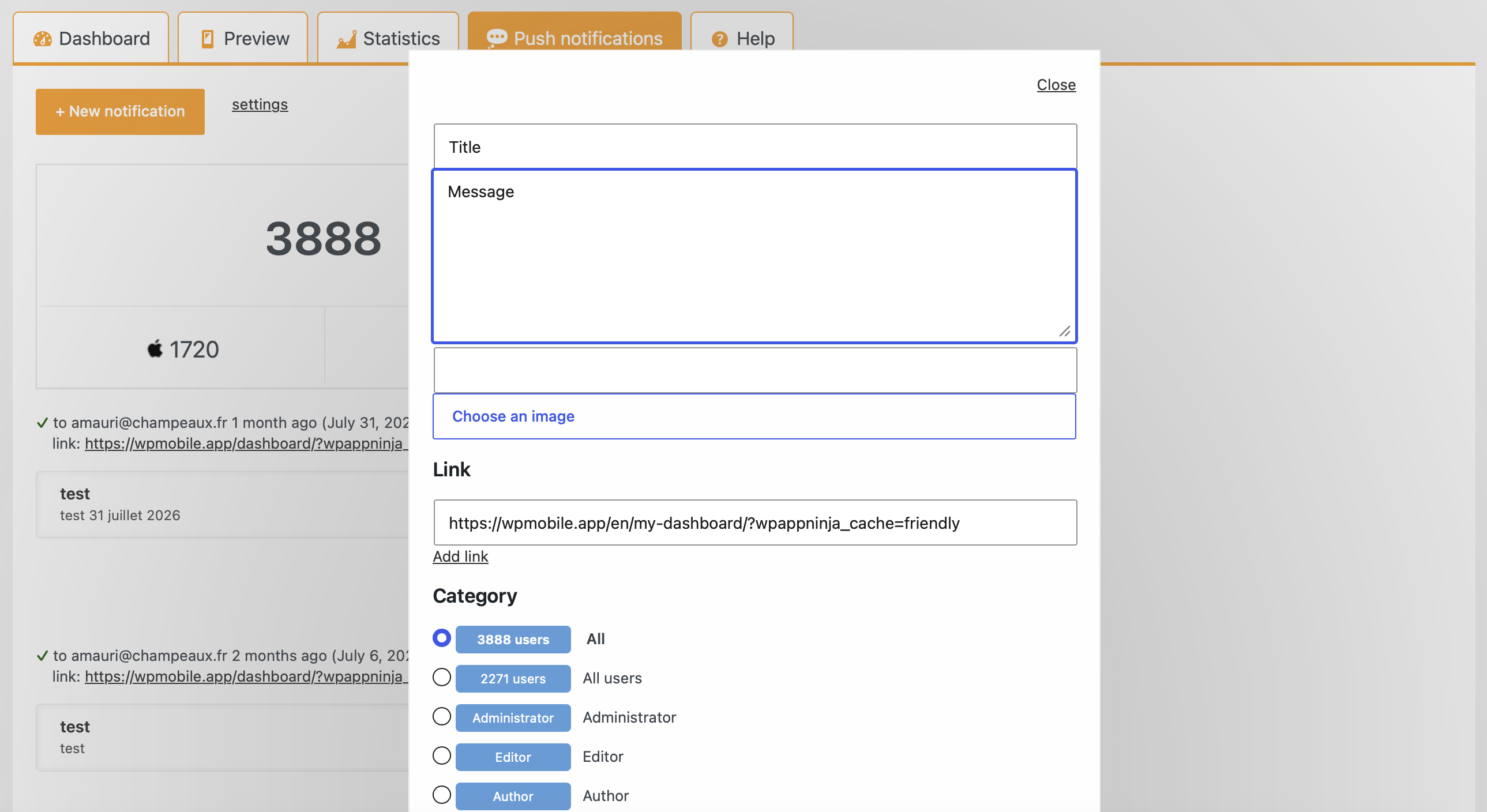 Compose push notifications with images and links, and choose your target audience.