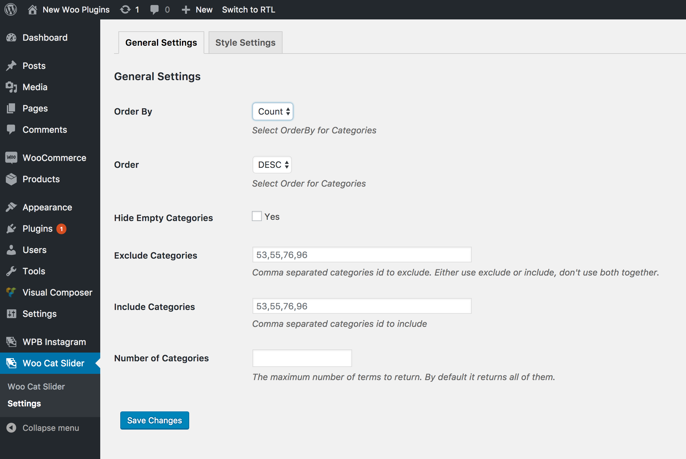 Category Slider general settings