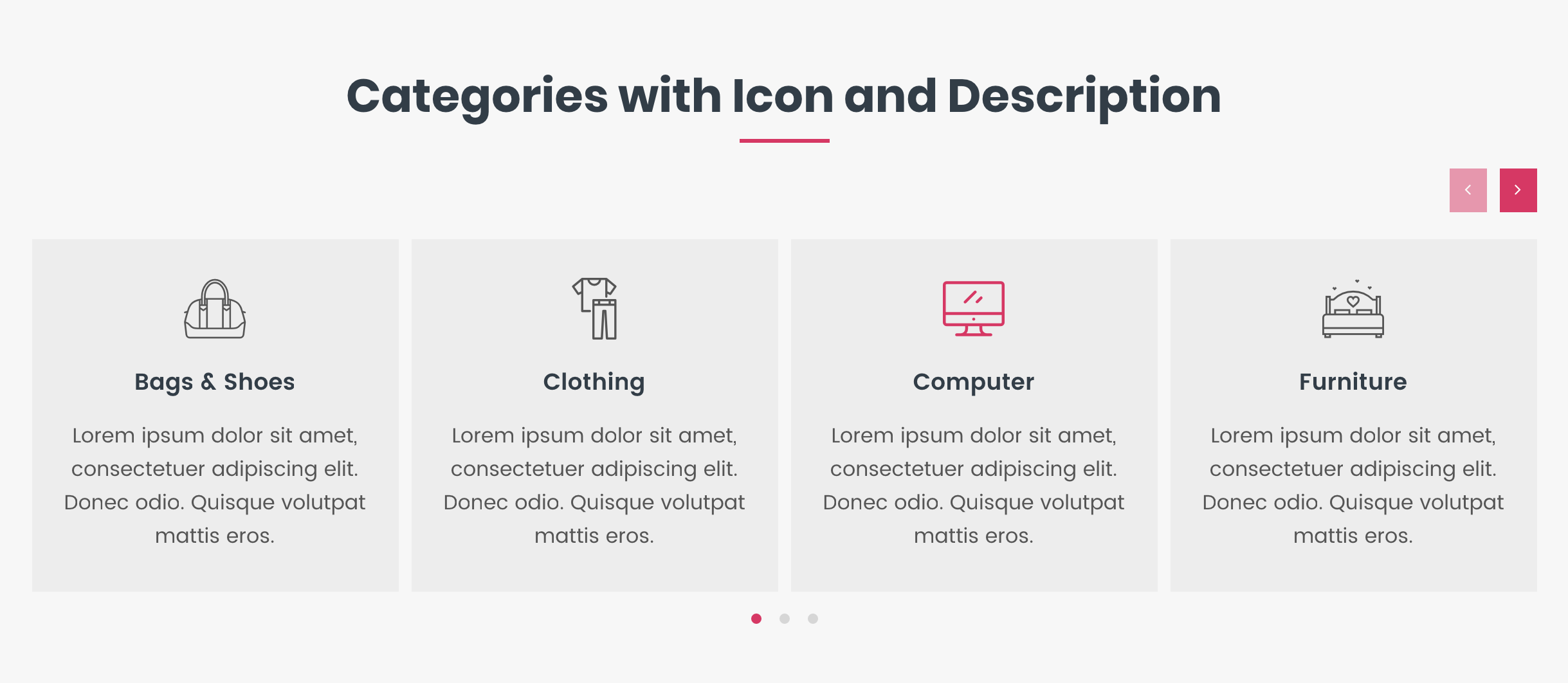 Categories with icon and description