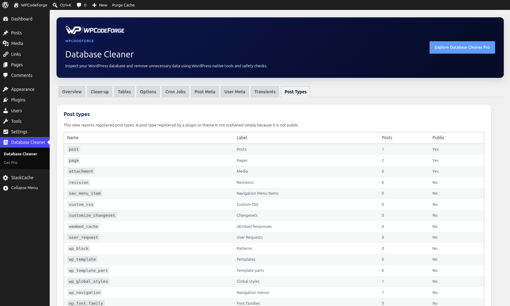 Post Types showing registered WordPress post types and related information.