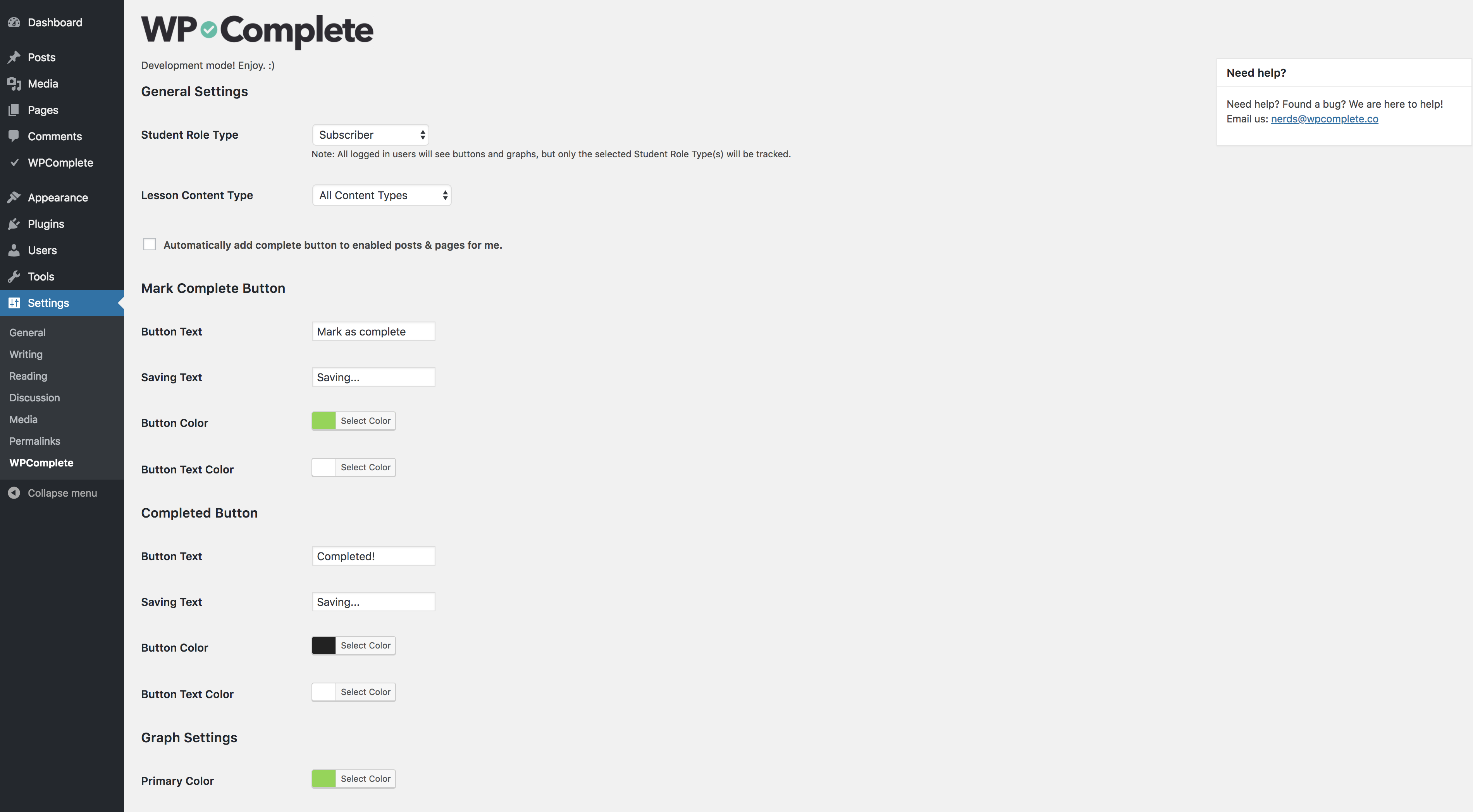 WPComplete Settings page.