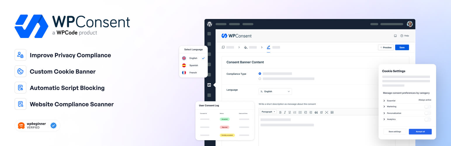 WordPress 外掛 WPConsent – Cookie Consent Banner for Privacy Compliance (GDPR / CCPA) 的封面圖片。