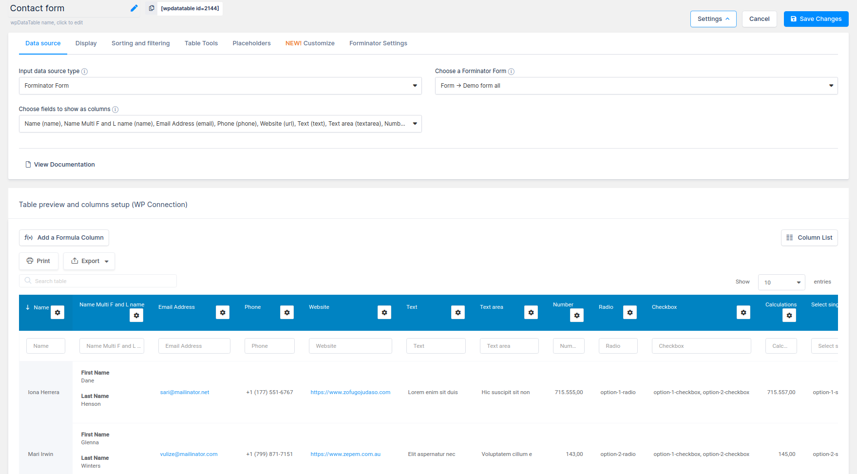 wpDataTables integration for Forminator Forms