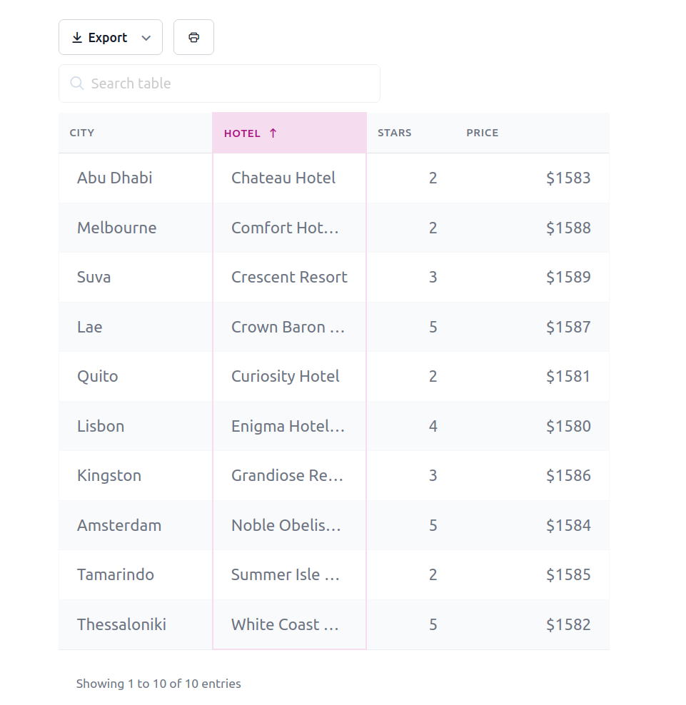 Front-end data table preview