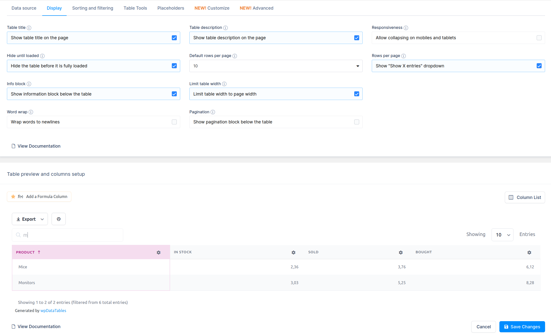 Back-end data table editor preview