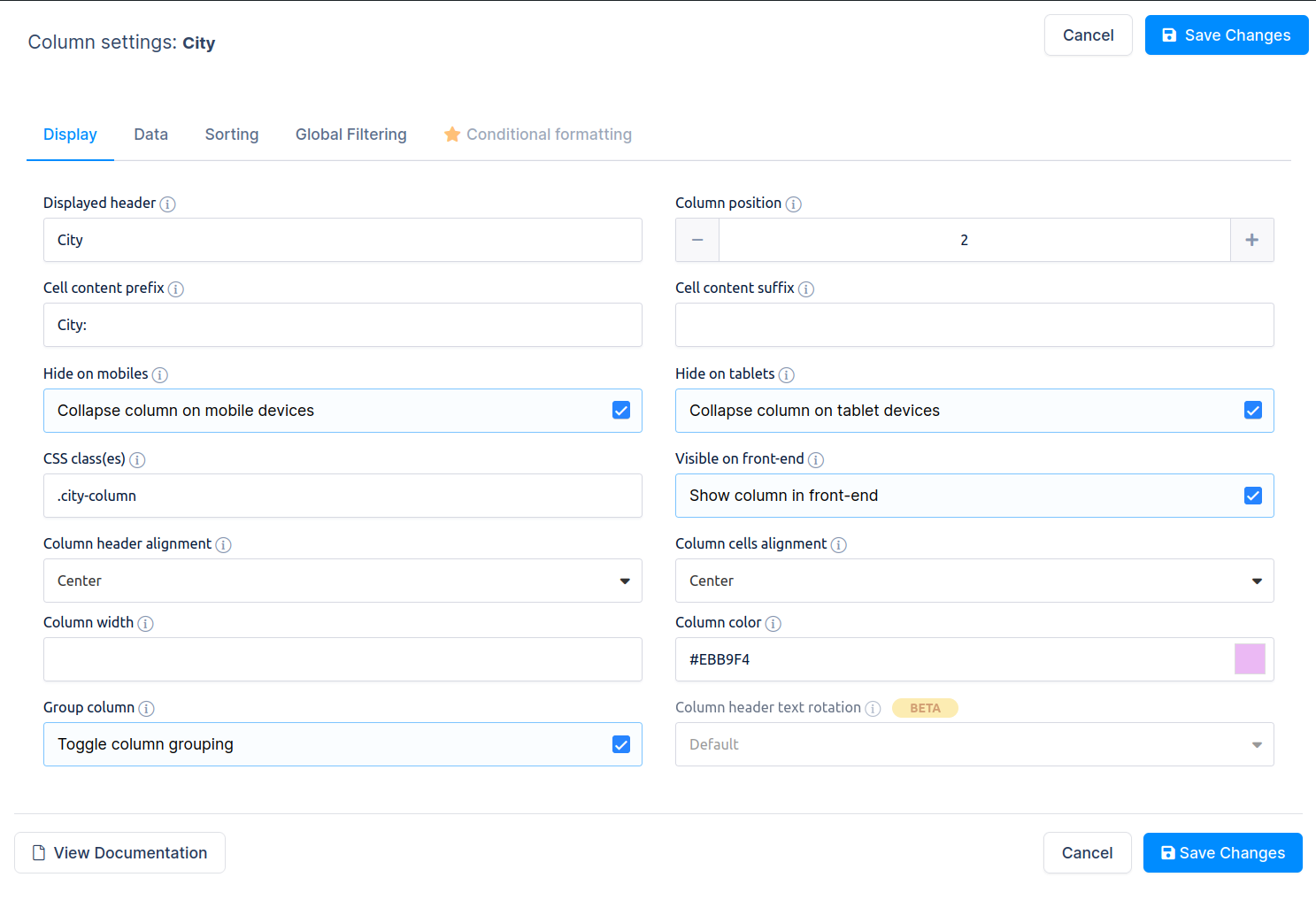 Data Table preview from the back-end