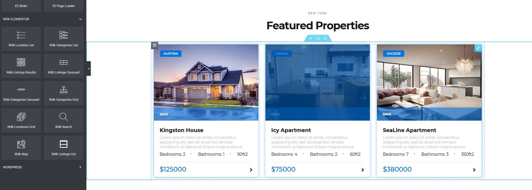 Elementor Elements, Featured Listings Example