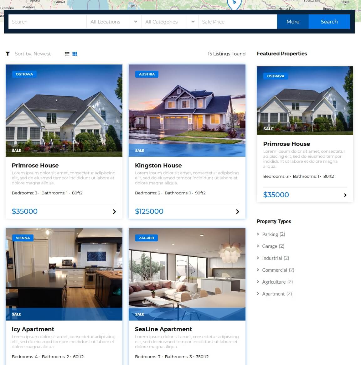 Search Form, Results with listings, Featured Listings and Categories