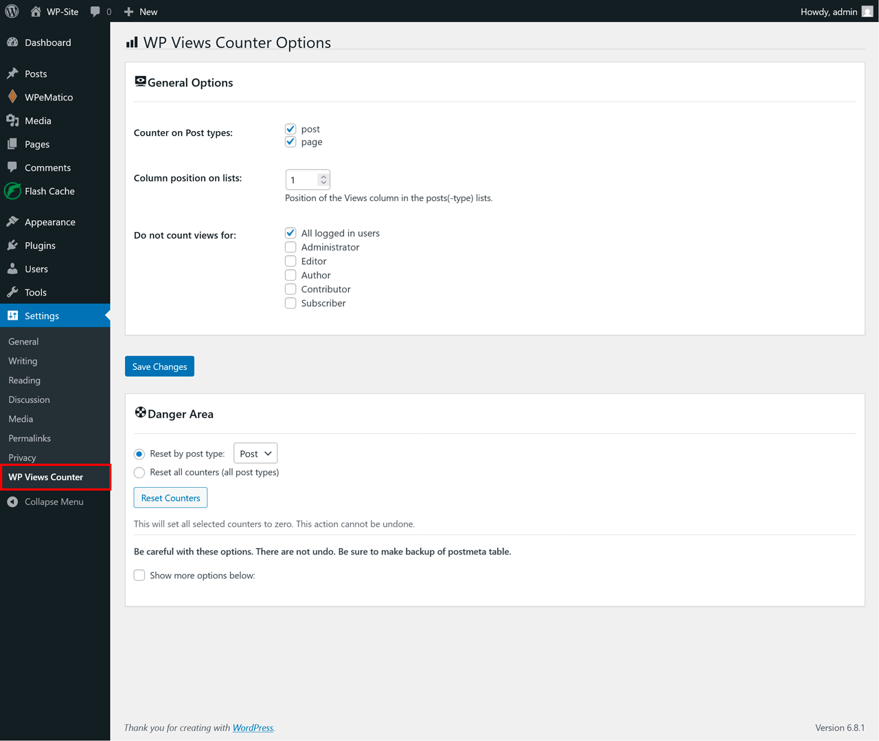 Admin settings page.