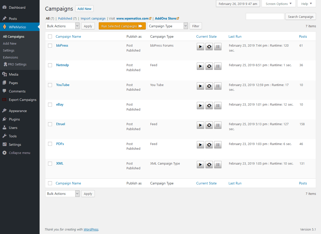 Campaigns list table with key metrics and quick actions.