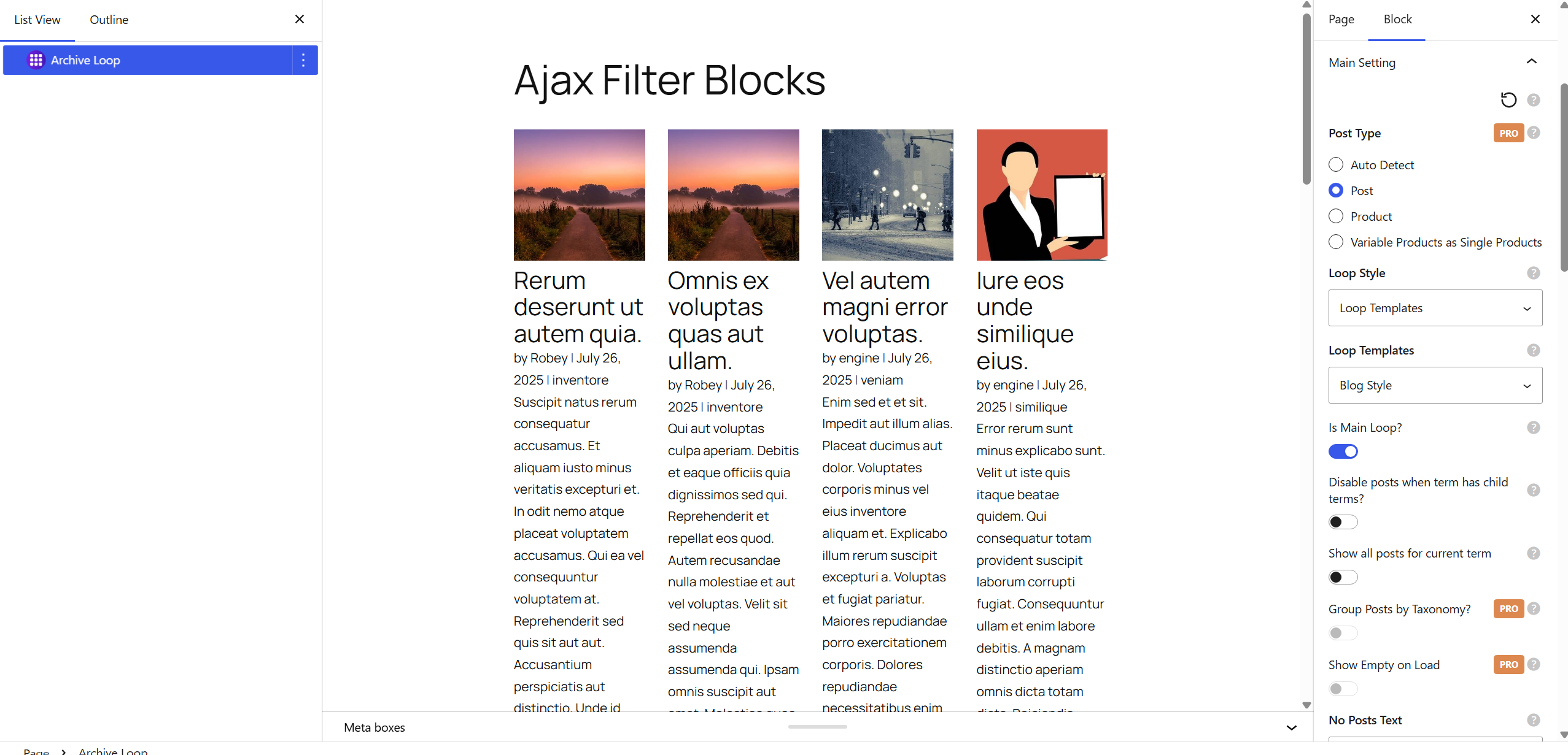 Archive Loop block showing a filterable grid of posts or products in the editor
