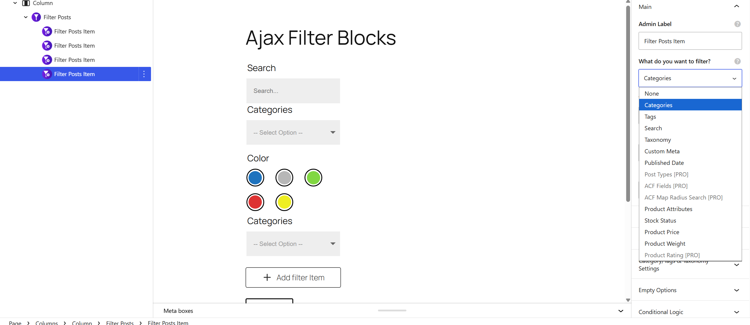 Filter Posts panel with taxonomy, custom field, and dynamic filter settings