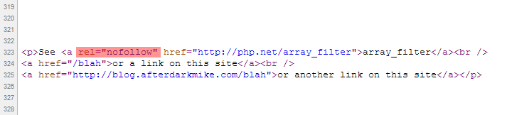 Example of how the rel="nofollow" tag is inserted into all the external links.