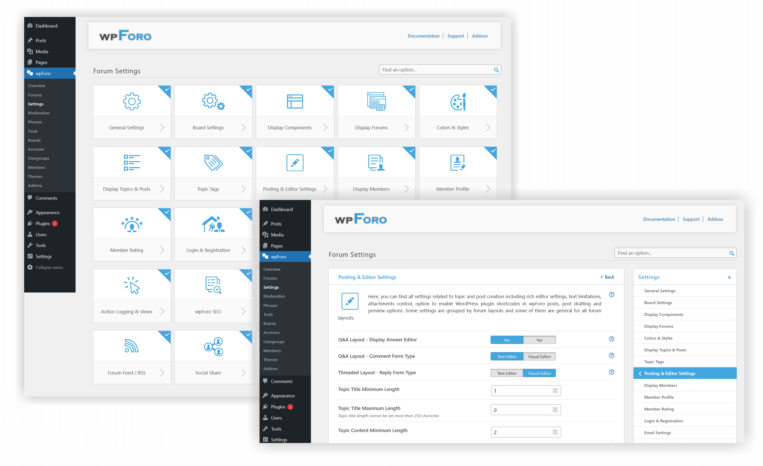 Dashboard Settings Boxes and Single Setting Page