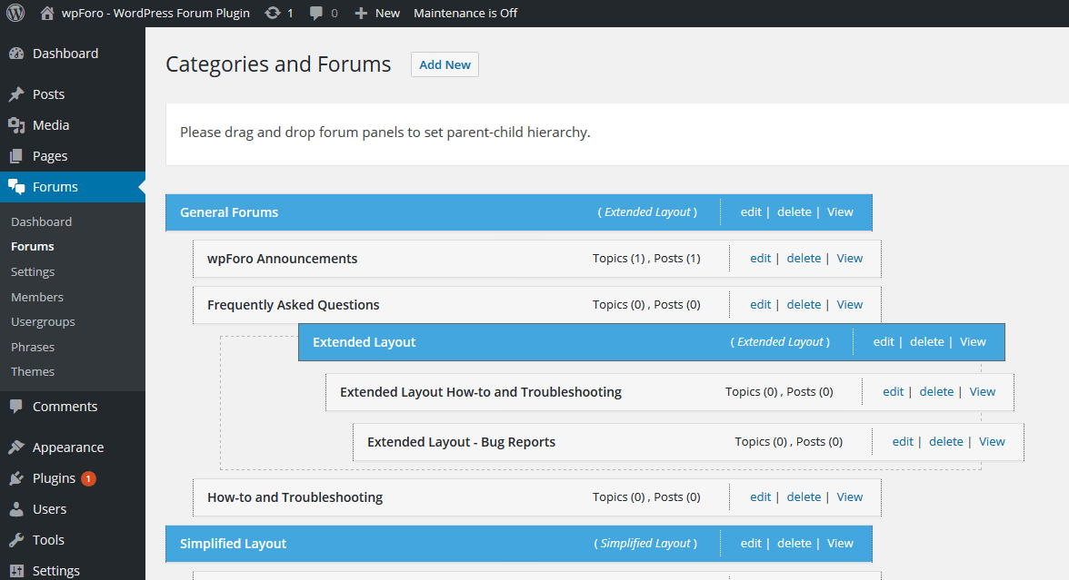 Drag and drop forum management, easy to set parent-child forum hierarchy