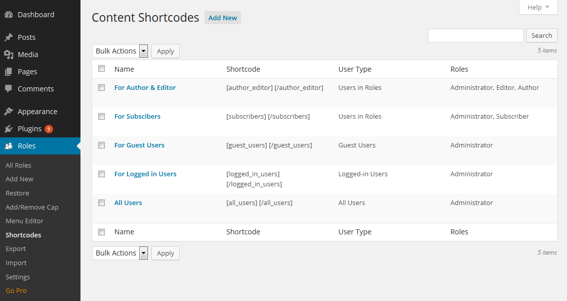 Content restriction shortcodes