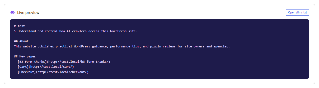 Live preview of the generated /llms.txt file.