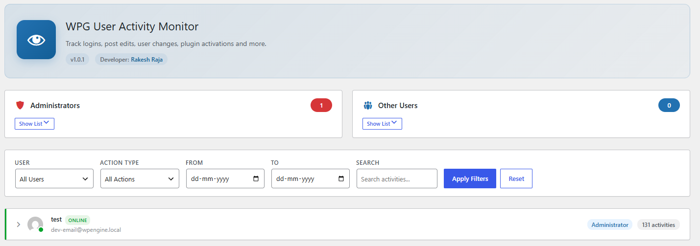 Activity dashboard showing all users with their recent activity, online status, and quick filters.