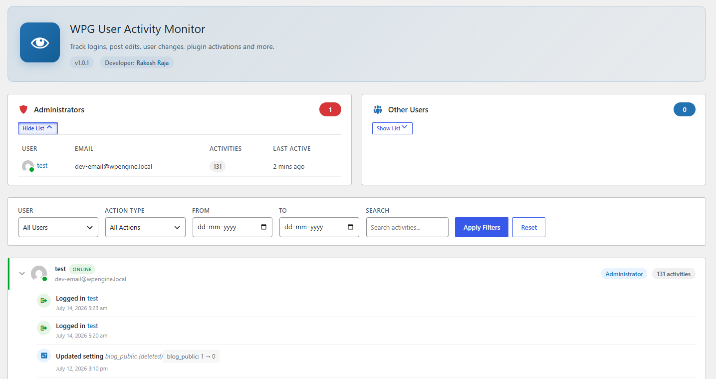 Per-user activity log drill-down with action type, date range, search, and pagination.