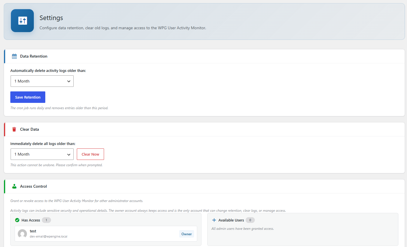 Settings page for configuring log retention period, manual log cleanup, and owner-managed access control.