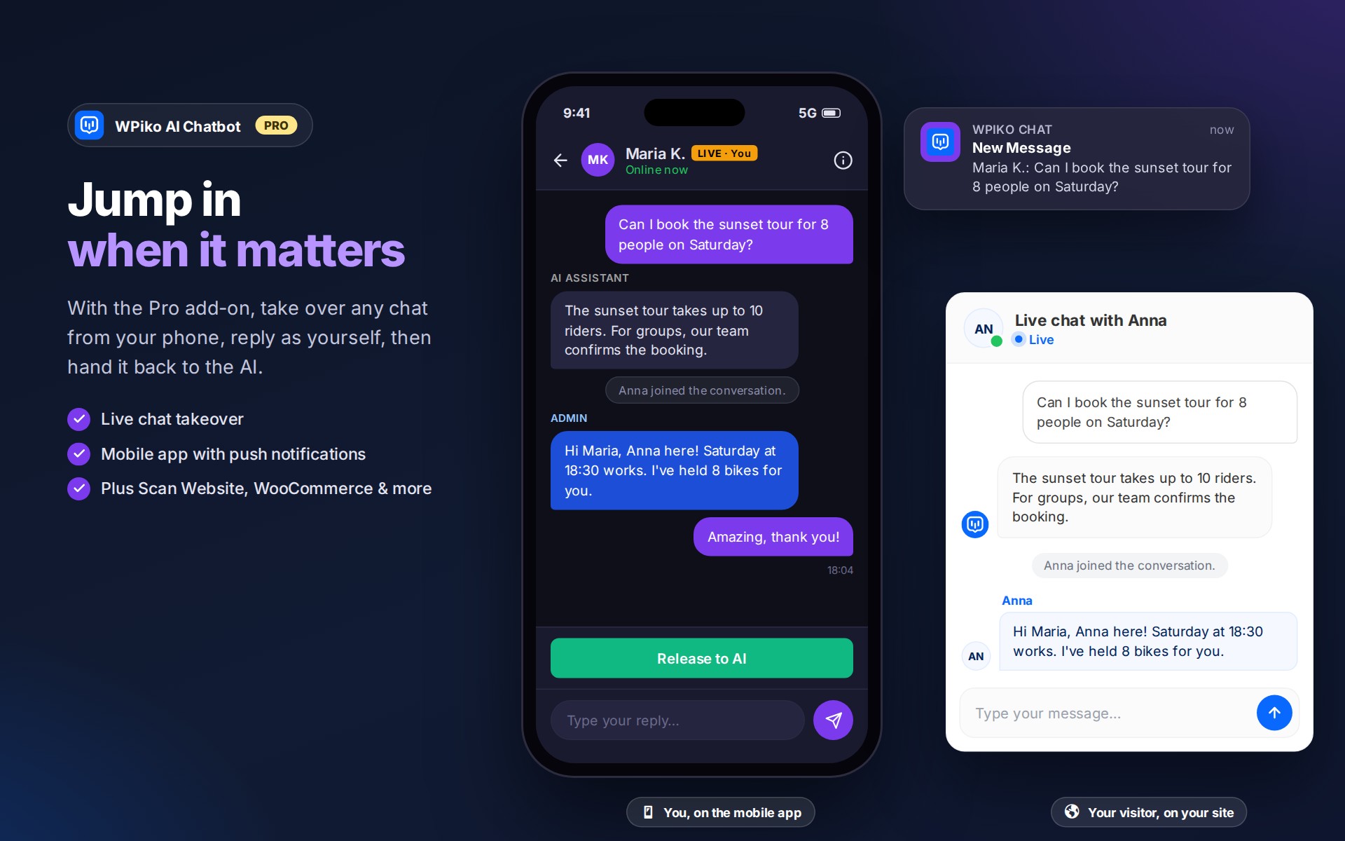 (Pro) Live chat takeover from the mobile app, with push notifications.