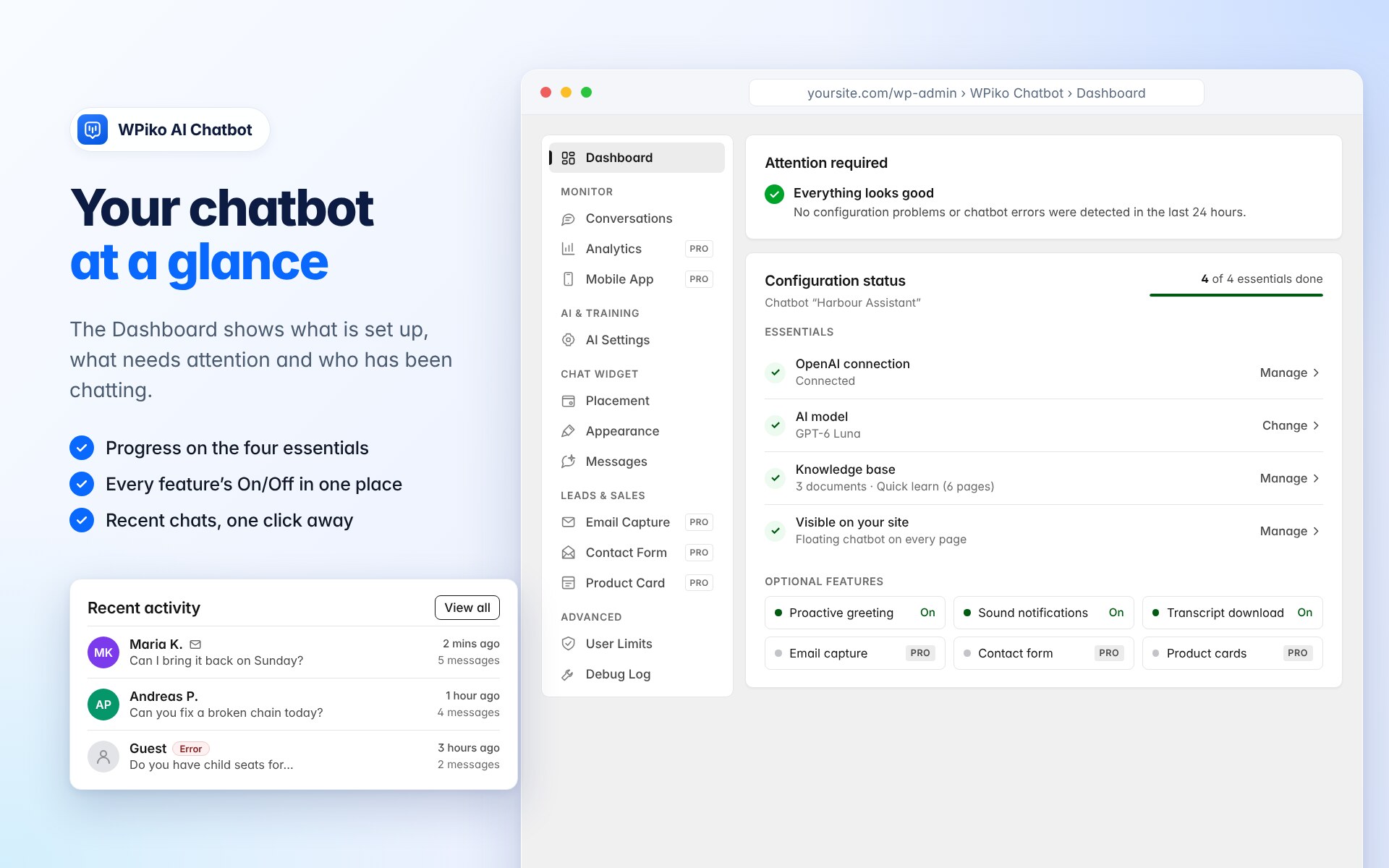 The Dashboard shows what is set up, what needs attention and your latest conversations.