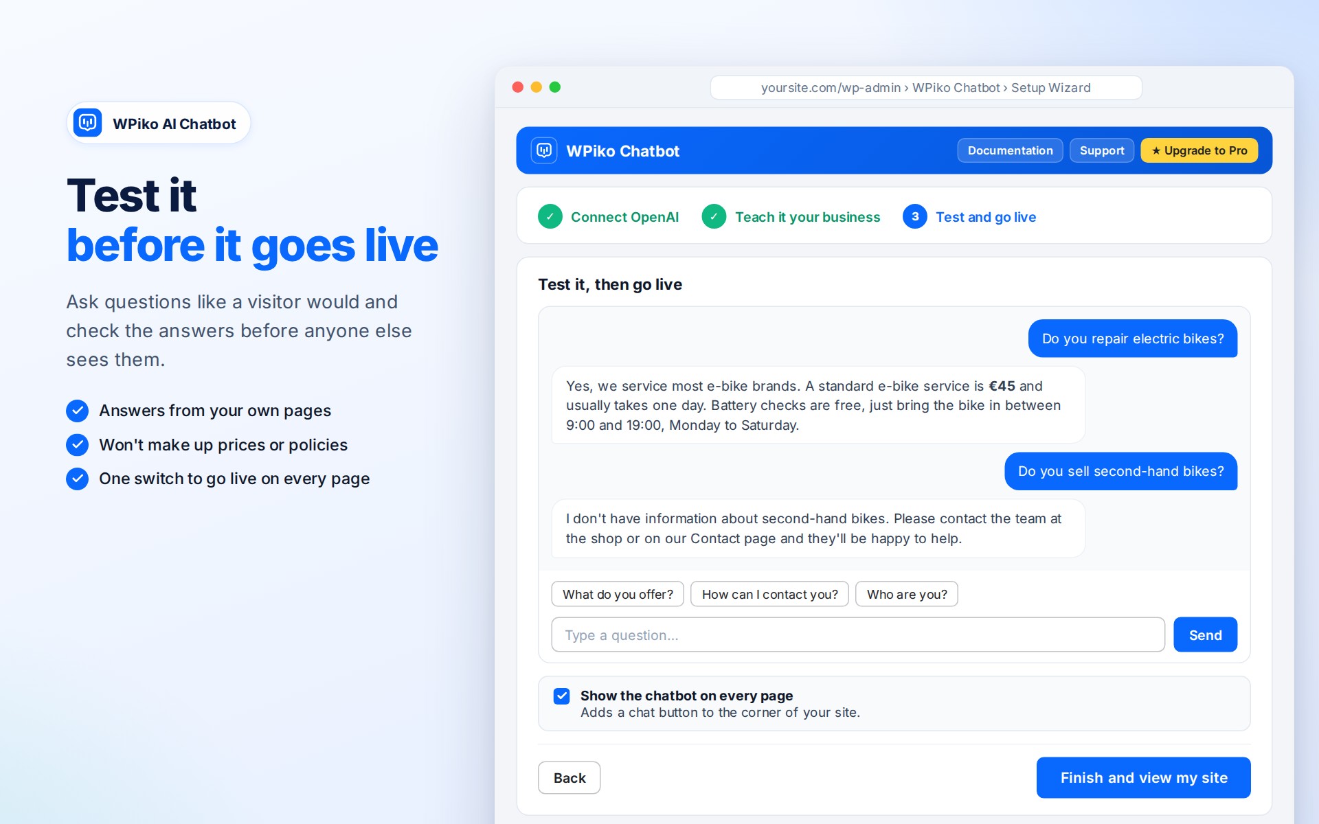 Test the chatbot in the wizard before it goes live on your site.
