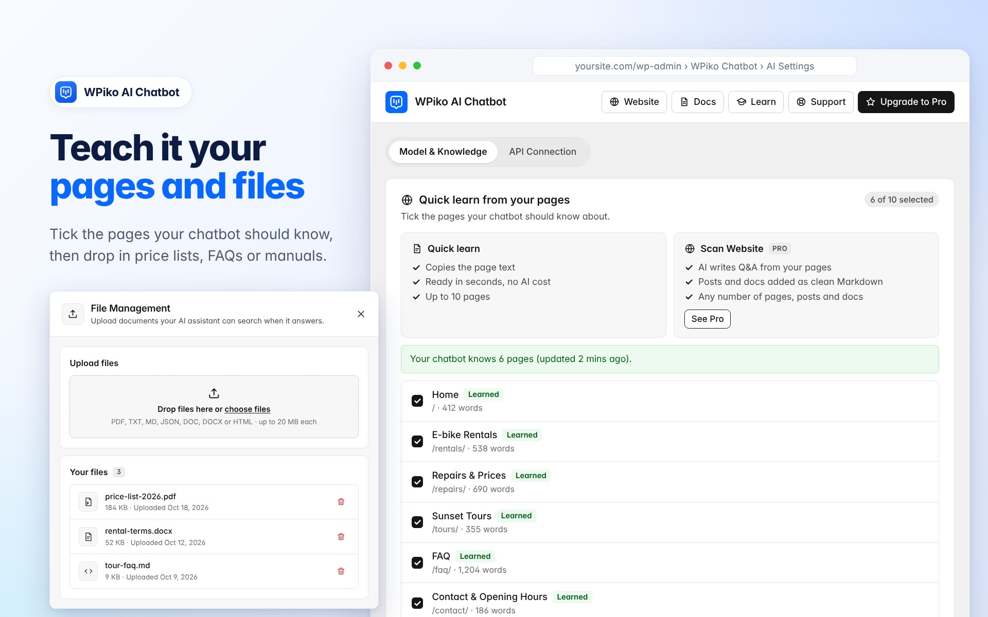Teach the chatbot from your pages and drag-and-drop documents into its knowledge base.